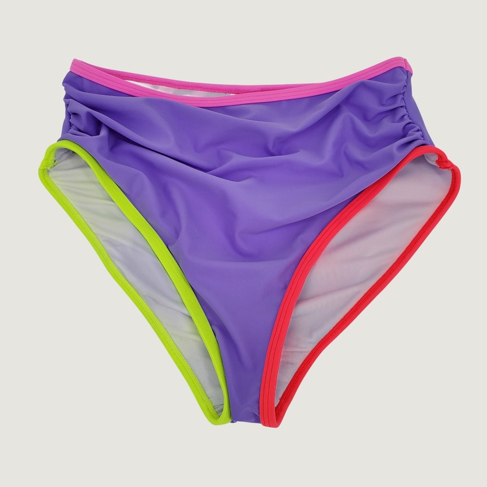 POPVIL High Waist Colorblock Ruched Bikini Swim Bottoms Small Purple Lined New